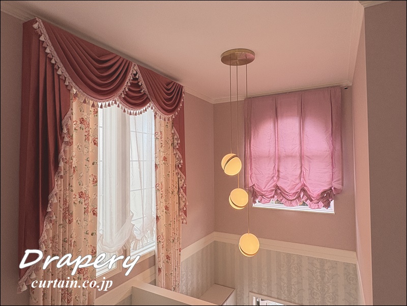 いちごちゃん@様特注品×4枚バランス カフェカーテンリボン柄 チュール